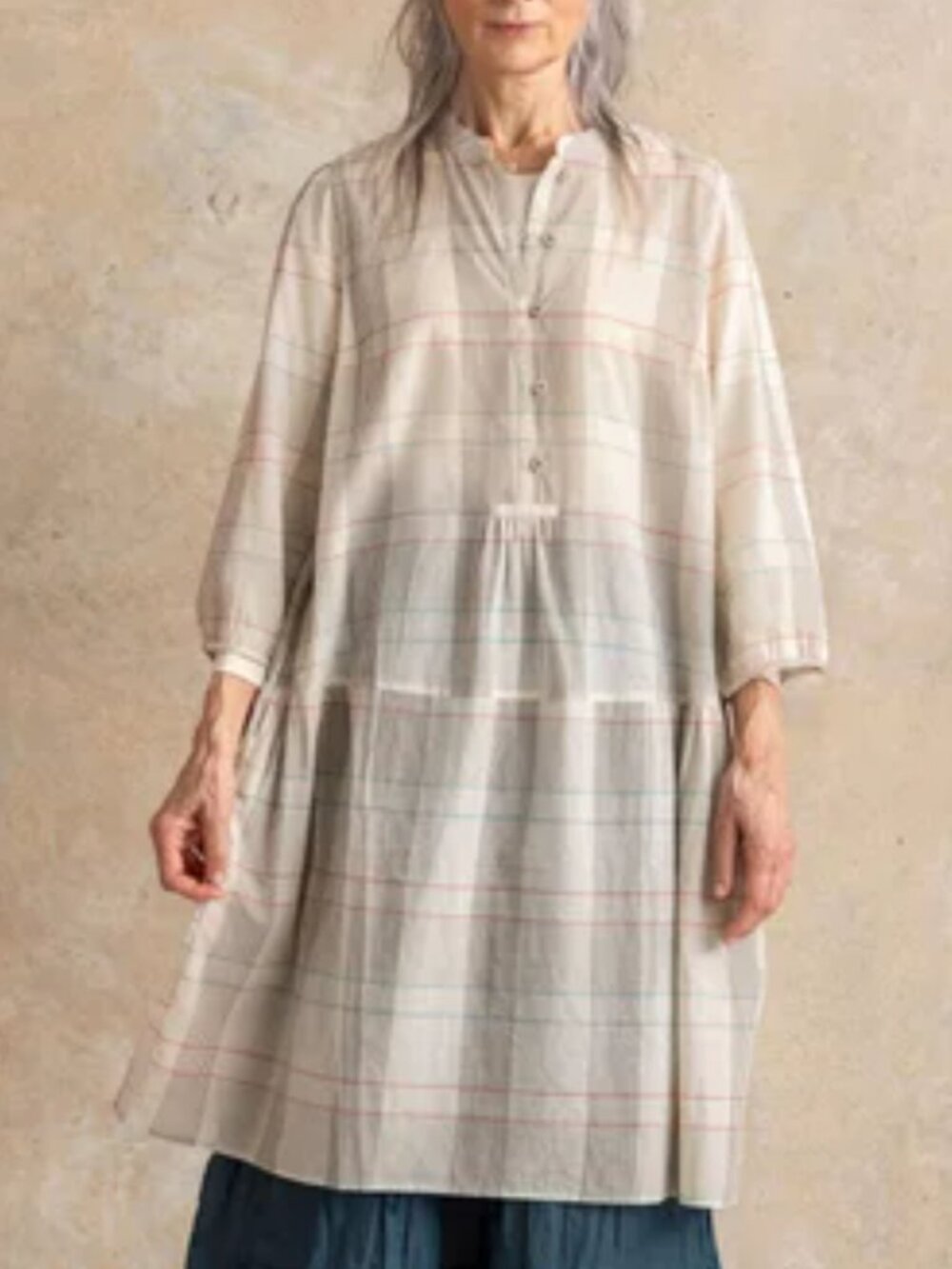 Gudrun Sjoden Nora Woven Organic Cotton Dress Women's XXL Tan Plaid Check Button